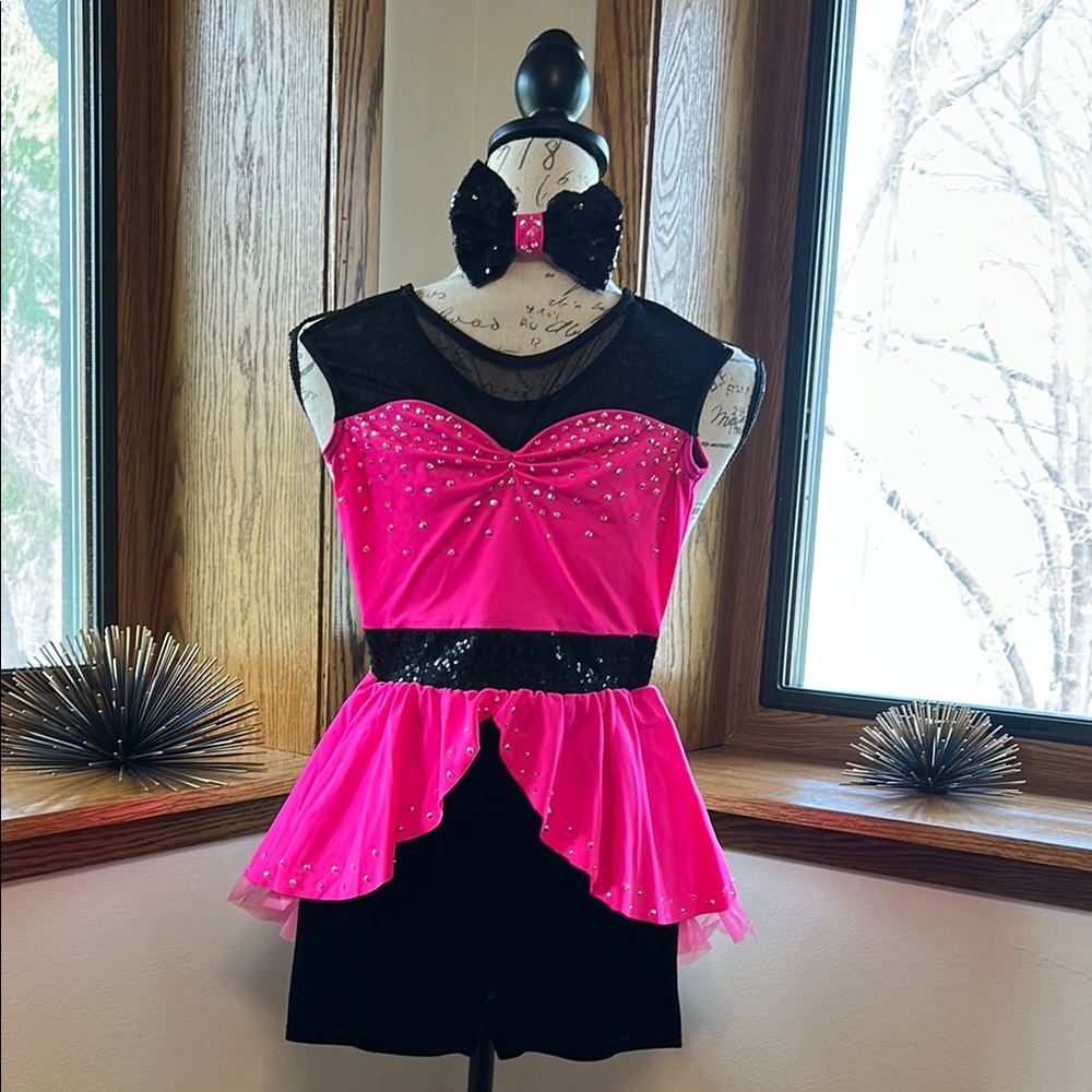 Cicci Pink&Black Dance Costume w stones, mesh, sequence & velvet Lg Child